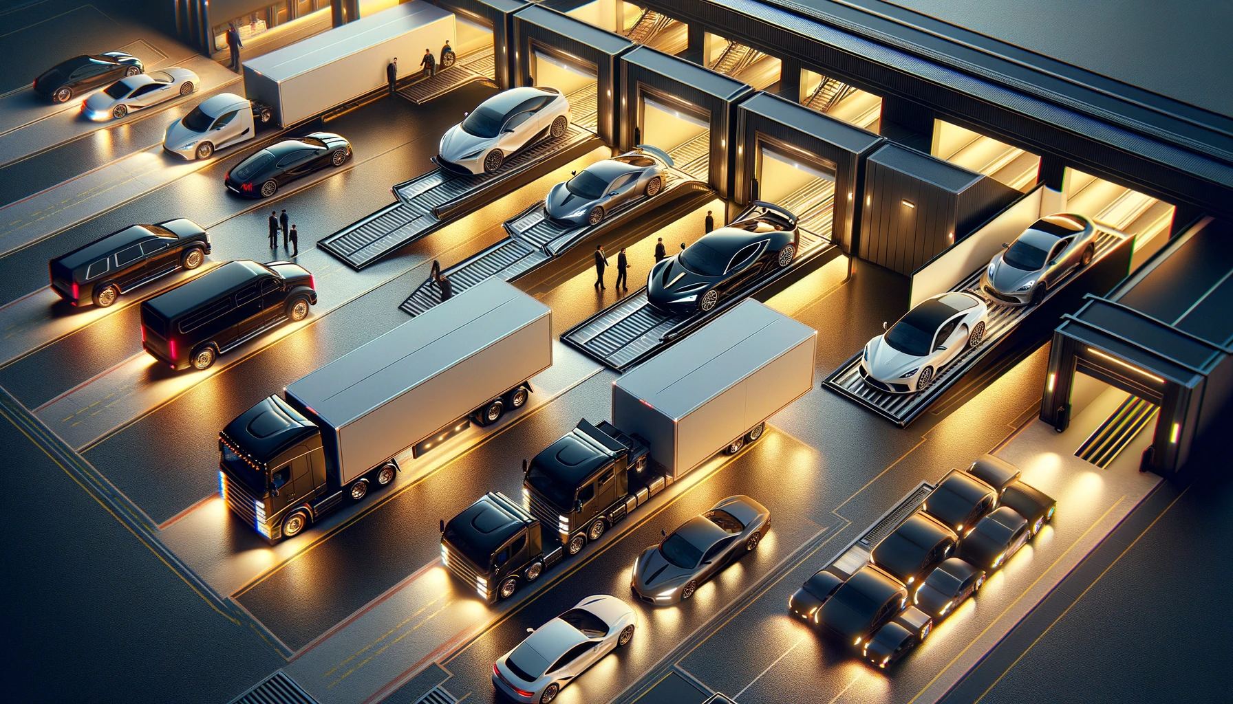 Sleek, and modern image for a car transportation brokerage website.The image depicts luxury and regular cars on hauling beds at a warehouse. - Brunson Transit, LLC